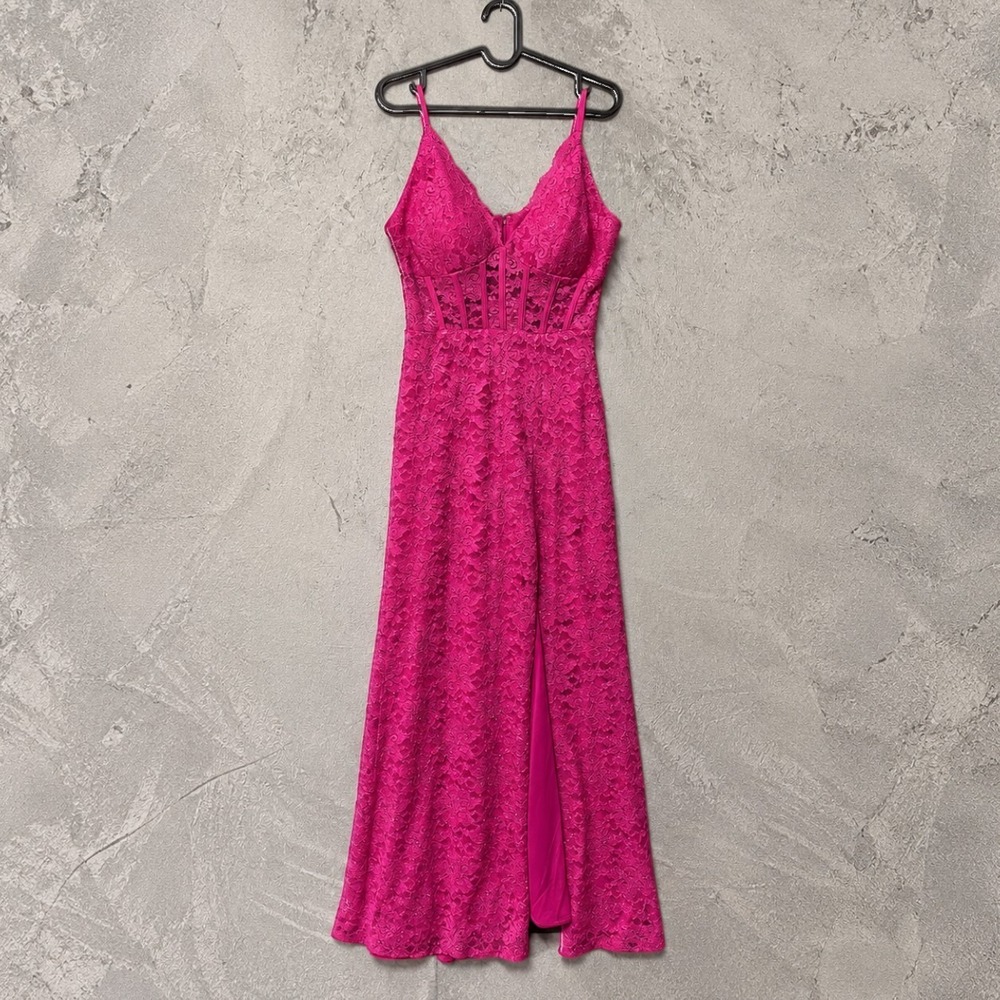 Morgan & Co Hot Pink Floral Lace Corset Maxi Formal Prom Gown S